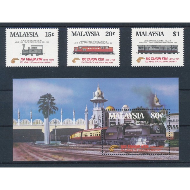 Malaysia 1985 - Trenuri, cai ferate, serie si colita neuzata Malaysia 1985 - Trenuri, cai ferate, serie si colita neuzata