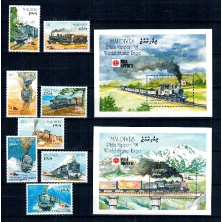 Maldives 1991 - Locomotive, trenuri, Philanippon, serie si colita neuzata