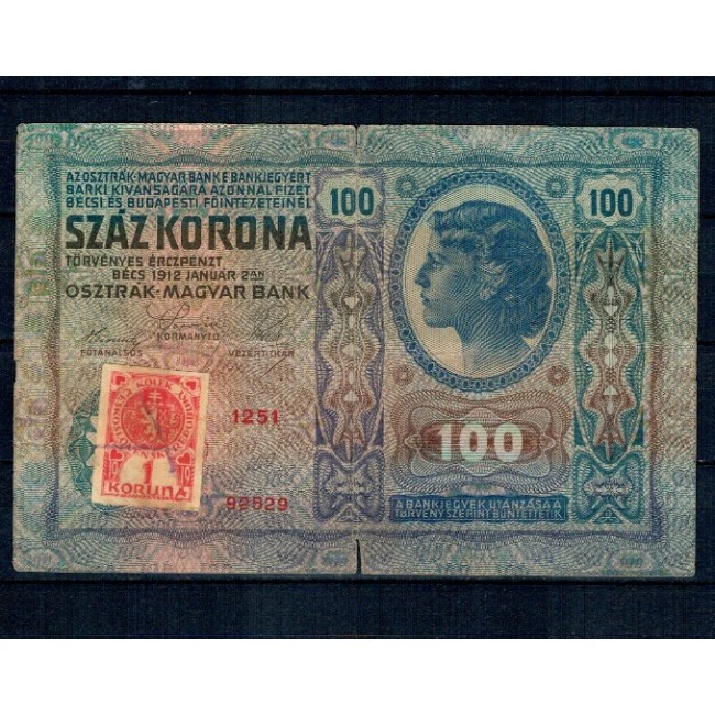 Austro-Ungaria 1912(1919) - 100 korona, cu timbru Cehoslovacia, circulata Austro-Ungaria 1912(1919) - 100 korona, cu timbru Cehoslovacia, circulata