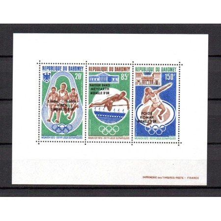 Benin (Dahomey) 1972 - Jocurile Olimpice Munchen, medaliați, supratipar, bloc neuzat Benin (Dahomey) 1972 - Jocurile Olimpice Munchen, medaliați, supratipar, bloc neuzat