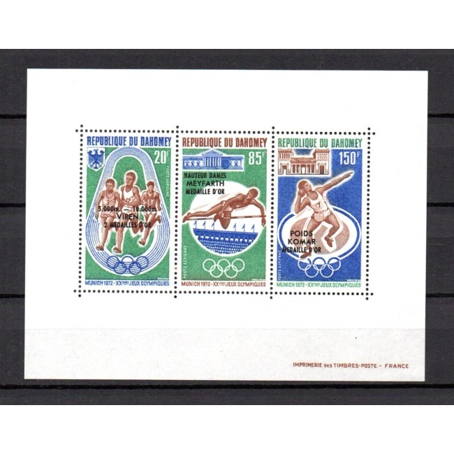 Benin (Dahomey) 1972 - Jocurile Olimpice Munchen, medaliați, supratipar, bloc neuzat Benin (Dahomey) 1972 - Jocurile Olimpice Munchen, medaliați, supratipar, bloc neuzat