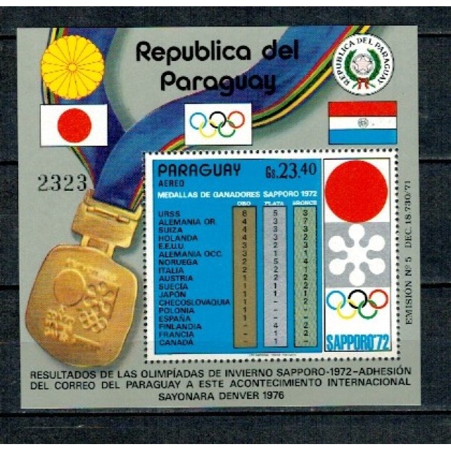 Paraguay 1972 - Jocurile Olimpice de iarna, medaliați, sport, colita neuzata Paraguay 1972 - Jocurile Olimpice de iarna, medaliați, sport, colita neuzata