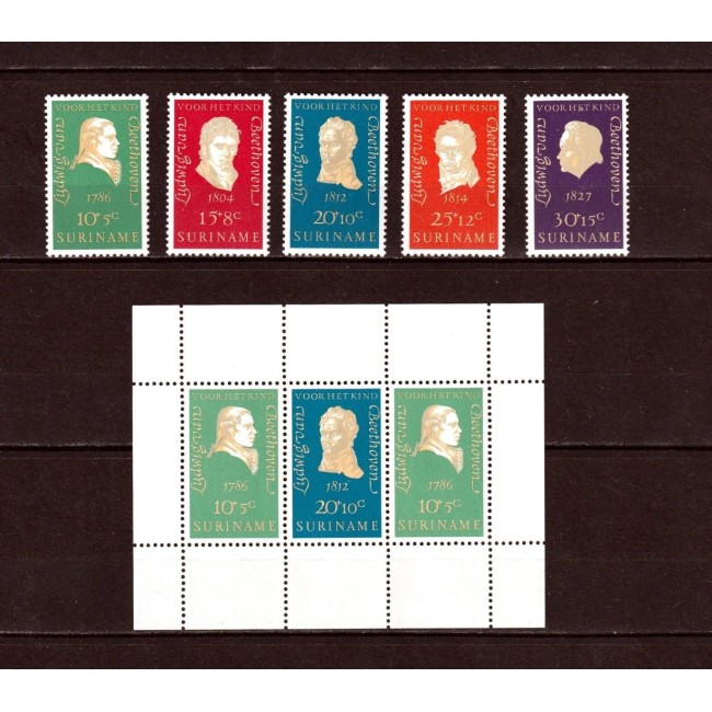 Suriname 1970 - Ludwig van Beethoven, muzica, muzicieni, personalități, serie si bloc neuzat Suriname 1970 - Ludwig van Beethoven, muzica, muzicieni, personalități, serie si bloc neuzat