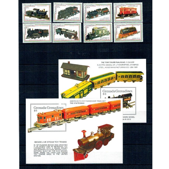 Grenada Grenadines 1992 - Locomotive, trenuri, jucării, serie si colite neuzate
