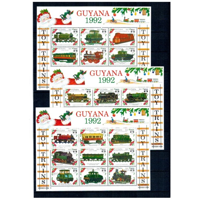 Guyana 1992 - Locomotive, Craciun, machete, jucarii, set 6 minicoli si 6 colite neuzate Guyana 1992 - Locomotive, Craciun, machete, jucarii, set 6 minicoli si 6 colite neuzate