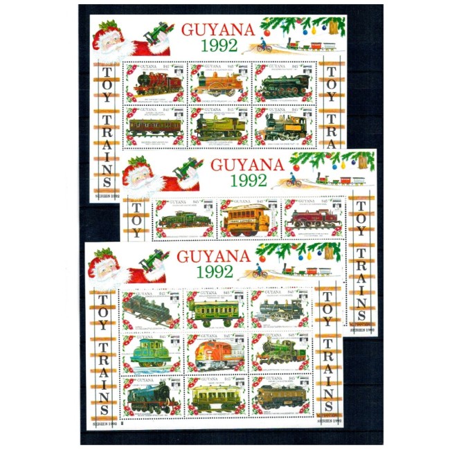 Guyana 1992 - Locomotive, Craciun, machete, jucarii, set 6 minicoli si 6 colite neuzate Guyana 1992 - Locomotive, Craciun, machete, jucarii, set 6 minicoli si 6 colite neuzate