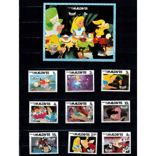 Maldives 1980 - Disney, desene animate, Alice in Tara Minunilor, serie si colita enuzata Maldives 1980 - Disney, desene animate, Alice in Tara Minunilor, serie si colita enuzata