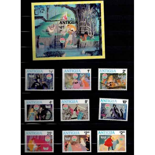Antigua 1980 - Crăciun, Disney, desene animate, Sleeping Beauty, serie si colita neuzata