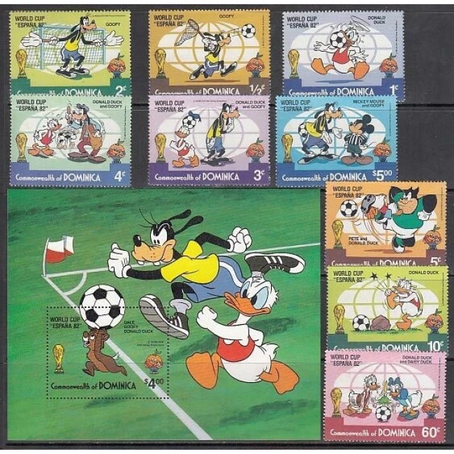 Dominica 1982 - Disney, Campionatul Mondial de Fotbal, desene animate, serie si colita neuzata Dominica 1982 - Disney, Campionatul Mondial de Fotbal, desene animate, serie si colita neuzata