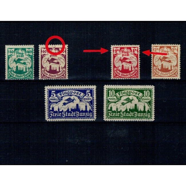 Danzig 1921/1923 - Posta aeriana, serie neștampilata cu șarniere, erori