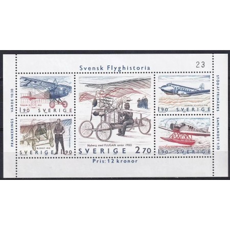 Suedia 1984 - Istoria aviației, avioane, bloc neuzat Suedia 1984 - Istoria aviației, avioane, bloc neuzat