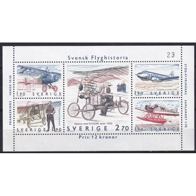 Suedia 1984 - Istoria aviației, avioane, bloc neuzat Suedia 1984 - Istoria aviației, avioane, bloc neuzat
