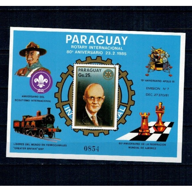 Paraguay 1985 - Rotary, șah, locomotiva, colita neuzata Paraguay 1985 - Rotary, șah, locomotiva, colita neuzata
