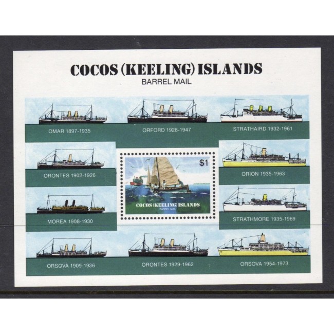 Cocos (Keeling) Islands 1984 - Vapoare, Barrel Mail, colita neuzata Cocos (Keeling) Islands 1984 - Vapoare, Barrel Mail, colita neuzata