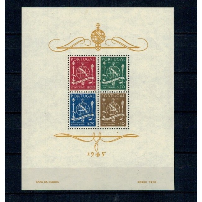 Portugalia 1945 - Centenarul Scoalei Navale, bloc neuzat