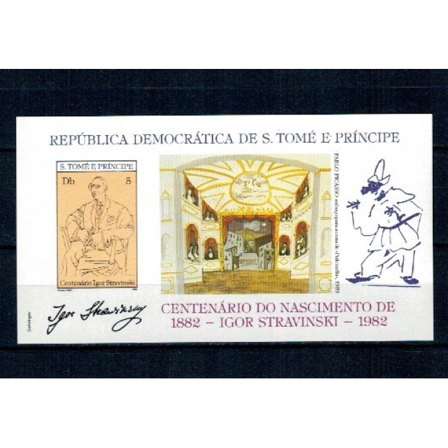 Sao Tome 1982 - Igor Stravinski, compozitor, pictura, Picasso, colita nedantelata neuzata