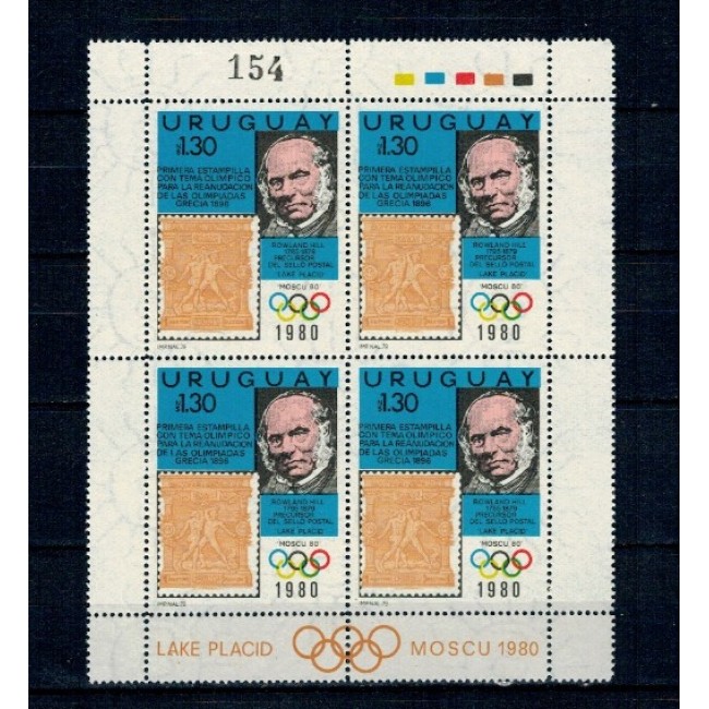 Uruguay 1979 - Rowland Hill, timbru pe timbru, Jocurile Olimpice, bloc de 4 neuzat