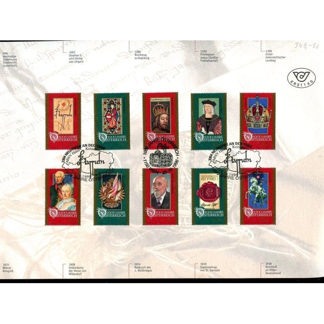 Austria 1996 - Mileniul Austriei, aniversare, folder cu minicoala neuzata, minicoala black print si serie cu stampile prima zi
