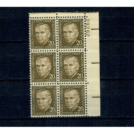 SUA 1967 - Personalități, George Marshall, bloc de 6 neuzat, cu număr de placa pe margine SUA 1967 - Personalități, George Marshall, bloc de 6 neuzat, cu număr de placa pe margine