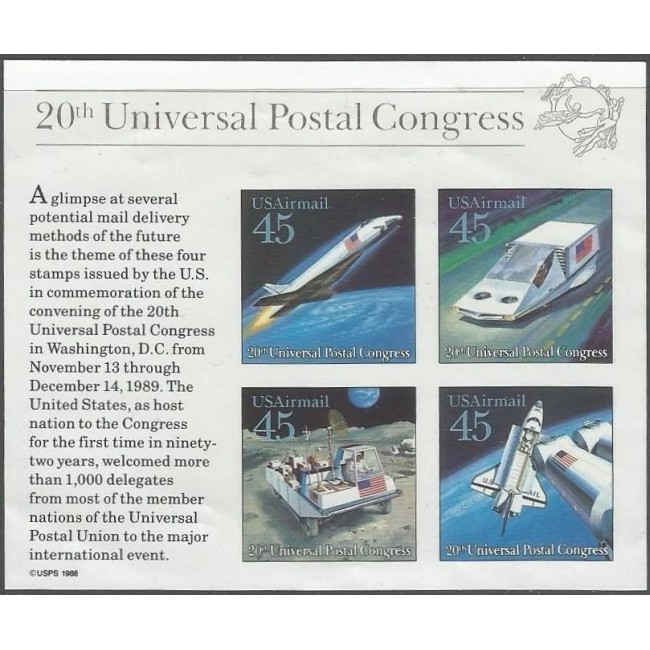 SUA 1989 - UPU, congres postal, transport, cosmonautica, colita neuzata