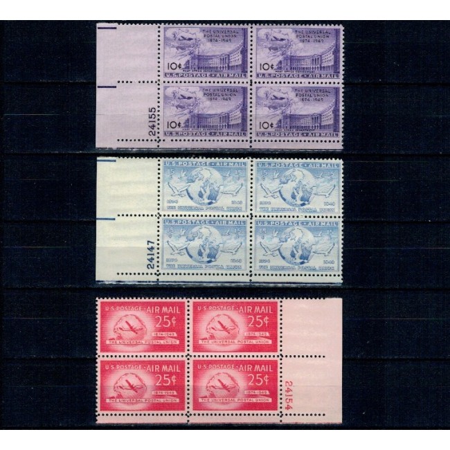 SUA 1949 - Aniversare UPU, posta aeriana, avioane, serie in bloc de 4 neuzat, cu plate number SUA 1949 - Aniversare UPU, posta aeriana, avioane, serie in bloc de 4 neuzat, cu plate number