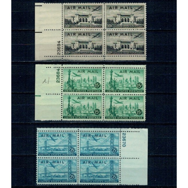 SUA 1947 - Posta Aeriana, vederi, serie in blocuri de 4 neuzate, plate number SUA 1947 - Posta Aeriana, vederi, serie in blocuri de 4 neuzate, plate number