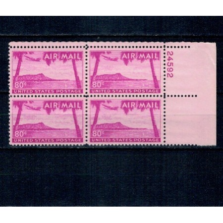 SUA 1952 - Avion deasupra Honolulu, Posta Aeriana, bloc de 4 neuzat, cu plate number SUA 1952 - Avion deasupra Honolulu, Posta Aeriana, bloc de 4 neuzat, cu plate number