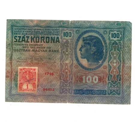 Austro-Ungaria 1912(1919) - 100 korona, cu timbru Cehoslovacia, circulata Austro-Ungaria 1912(1919) - 100 korona, cu timbru Cehoslovacia, circulata