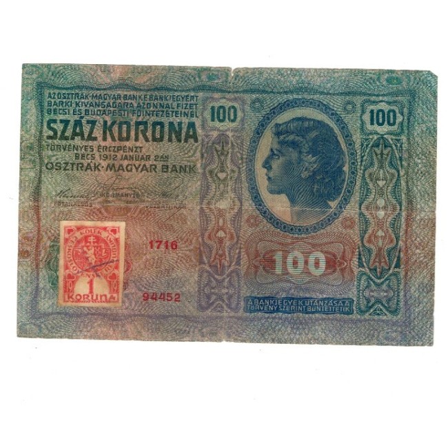 Austro-Ungaria 1912(1919) - 100 korona, cu timbru Cehoslovacia, circulata Austro-Ungaria 1912(1919) - 100 korona, cu timbru Cehoslovacia, circulata