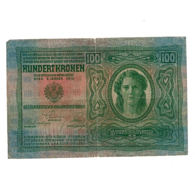 Austro-Ungaria 1912(1919) - 100 korona, cu timbru Cehoslovacia, circulata Austro-Ungaria 1912(1919) - 100 korona, cu timbru Cehoslovacia, circulata