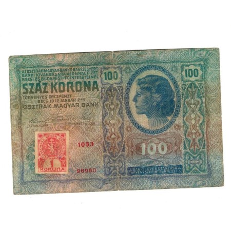 Austro-Ungaria 1912(1919) - 100 korona, cu timbru Cehoslovacia, circulata Austro-Ungaria 1912(1919) - 100 korona, cu timbru Cehoslovacia, circulata