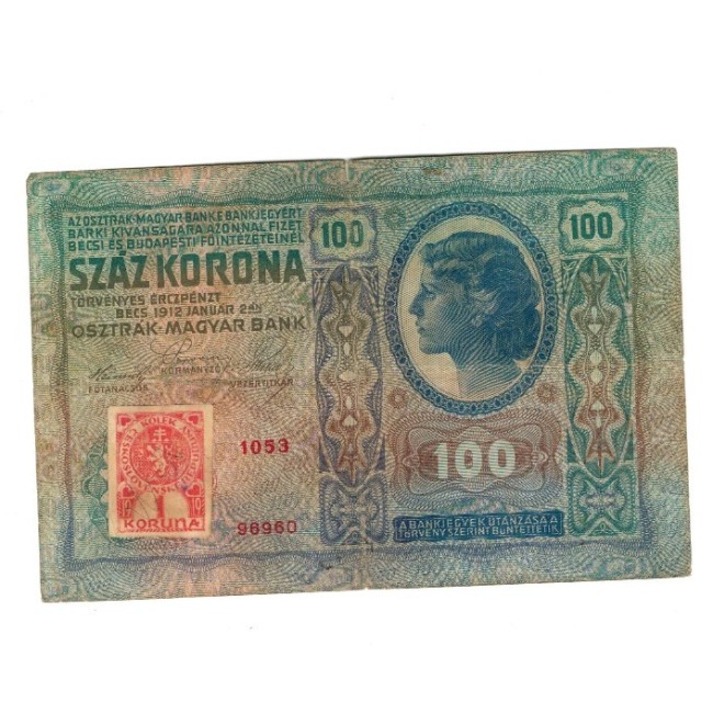 Austro-Ungaria 1912(1919) - 100 korona, cu timbru Cehoslovacia, circulata Austro-Ungaria 1912(1919) - 100 korona, cu timbru Cehoslovacia, circulata