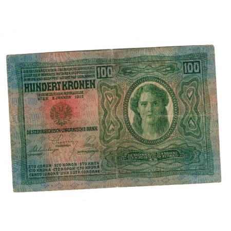 Austro-Ungaria 1912(1919) - 100 korona, cu timbru Cehoslovacia, circulata Austro-Ungaria 1912(1919) - 100 korona, cu timbru Cehoslovacia, circulata