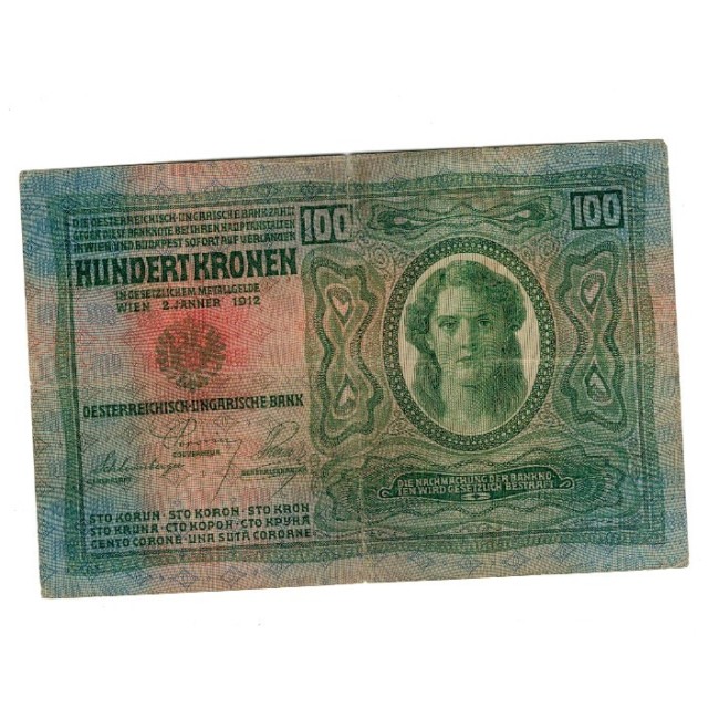 Austro-Ungaria 1912(1919) - 100 korona, cu timbru Cehoslovacia, circulata Austro-Ungaria 1912(1919) - 100 korona, cu timbru Cehoslovacia, circulata