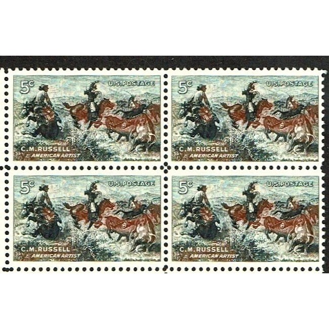 SUA 1964 - Charles M. Russel, artist, pictura, arta, bloc de 4 neuzat SUA 1964 - Charles M. Russel, artist, pictura, arta, bloc de 4 neuzat