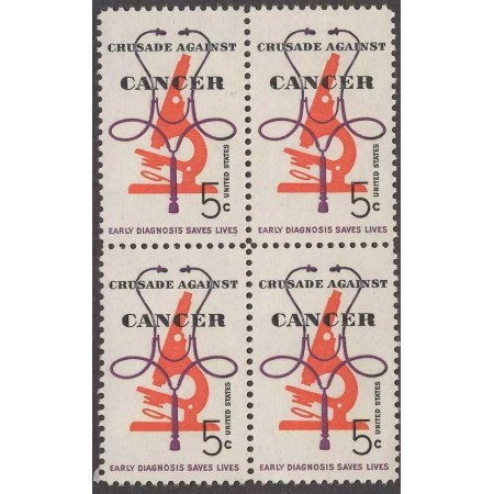 SUA 1965 - Lupta împotriva cancerului, medicina, microscop, bloc de 4 neuzat SUA 1965 - Lupta împotriva cancerului, medicina, microscop, bloc de 4 neuzat