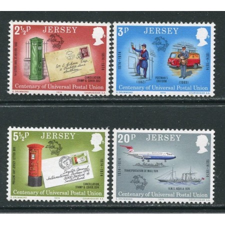 Jersey 1974 - Aniversare UPU, cutii poștale, transport, vapor, avion, serie neuzata Jersey 1974 - Aniversare UPU, cutii poștale, transport, vapor, avion, serie neuzata