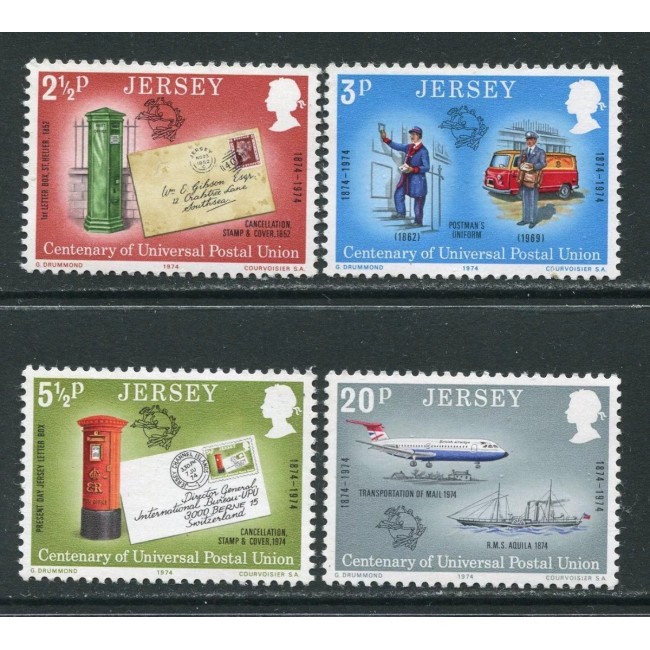 Jersey 1974 - Aniversare UPU, cutii poștale, transport, vapor, avion, serie neuzata Jersey 1974 - Aniversare UPU, cutii poștale, transport, vapor, avion, serie neuzata