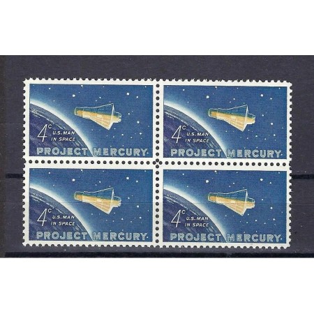 SUA 1962 - Project Mercury, astronautul John Glenn, cosmonautica, bloc de 4 neuzat
