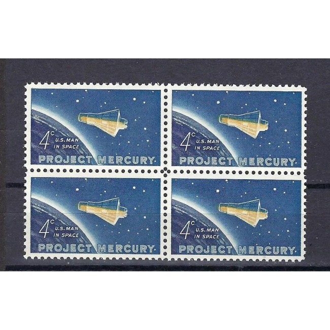 SUA 1962 - Project Mercury, astronautul John Glenn, cosmonautica, bloc de 4 neuzat SUA 1962 - Project Mercury, astronautul John Glenn, cosmonautica, bloc de 4 neuzat