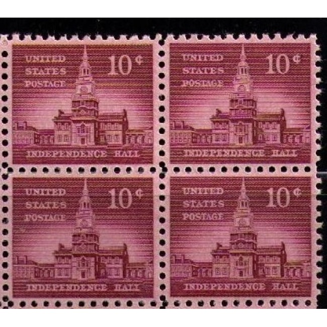 SUA 1956 - Independence Hall, uzual 10c, bloc de 4 neuzat SUA 1956 - Independence Hall, uzual 10c, bloc de 4 neuzat