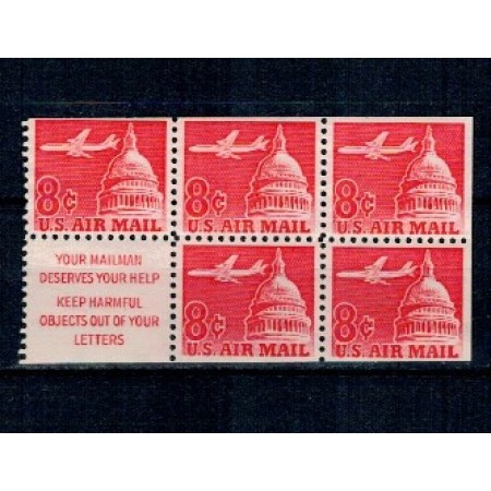 SUA 1962 - Posta Aeriana, 6c, avion deasupra Clădirii Capitoliului, bloc de 5 neuzat cu vinieta, din carnet SUA 1962 - Posta Aeriana, 6c, avion deasupra Clădirii Capitoliului, bloc de 5 neuzat cu vinieta, din carnet