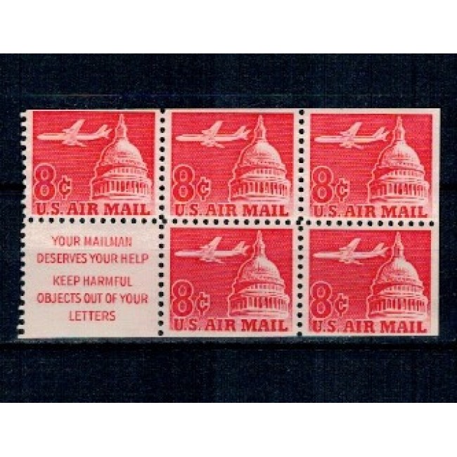 SUA 1962 - Posta Aeriana, 6c, avion deasupra Clădirii Capitoliului, bloc de 5 neuzat cu vinieta, din carnet SUA 1962 - Posta Aeriana, 6c, avion deasupra Clădirii Capitoliului, bloc de 5 neuzat cu vinieta, din carnet