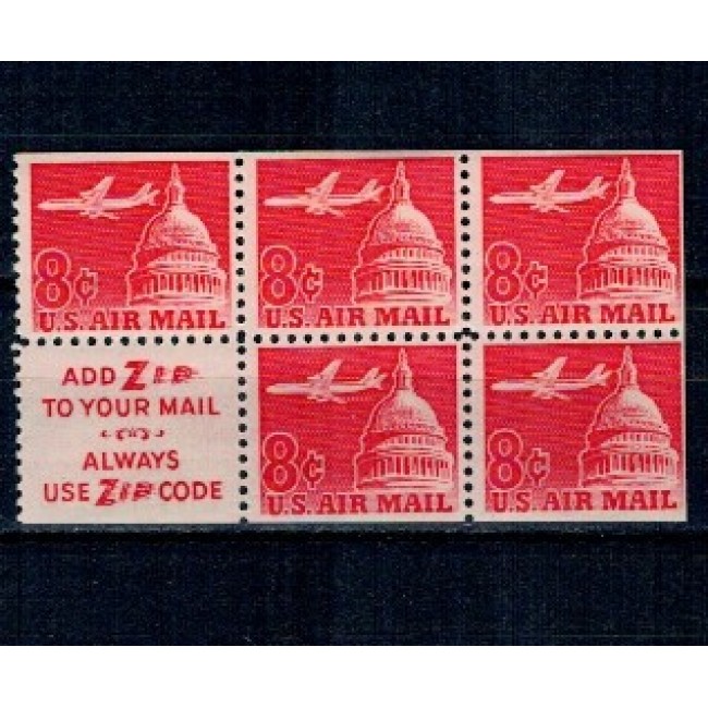 SUA 1962 - Posta Aeriana, 6c, avion deasupra Clădirii Capitoliului, bloc de 5 neuzat cu vinieta, din carnet SUA 1962 - Posta Aeriana, 6c, avion deasupra Clădirii Capitoliului, bloc de 5 neuzat cu vinieta, din carnet