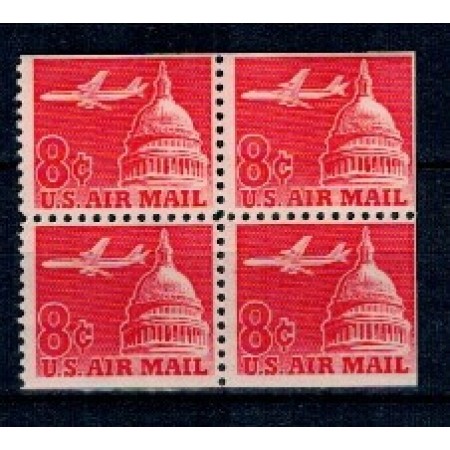SUA 1962 - Posta Aeriana, 6c, avion deasupra Clădirii Capitoliului, bloc de 4 neuzat cu vinieta SUA 1962 - Posta Aeriana, 6c, avion deasupra Clădirii Capitoliului, bloc de 4 neuzat cu vinieta