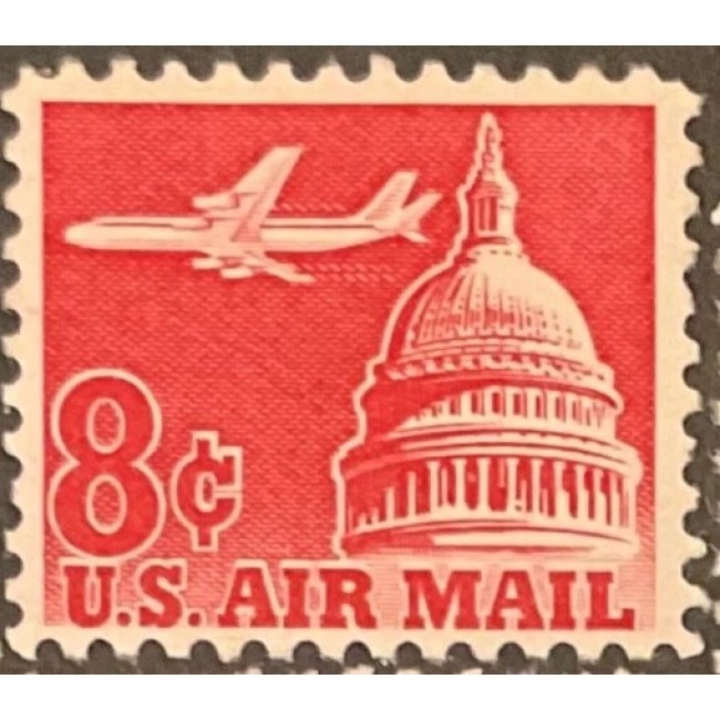 SUA 1962 - Posta Aeriana, 6c, avion deasupra Clădirii Capitoliului, bloc de 5 neuzat cu vinieta, din carnet SUA 1962 - Posta Aeriana, 6c, avion deasupra Clădirii Capitoliului, bloc de 5 neuzat cu vinieta, din carnet