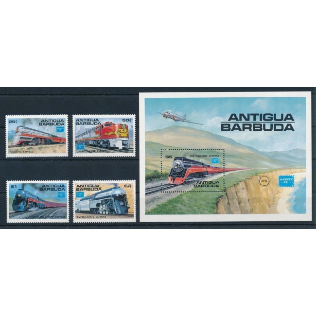 Antigua Barbuda 1986 - Cai ferate, trenuri, serie si colita neuzata Antigua Barbuda 1986 - Cai ferate, trenuri, serie si colita neuzata