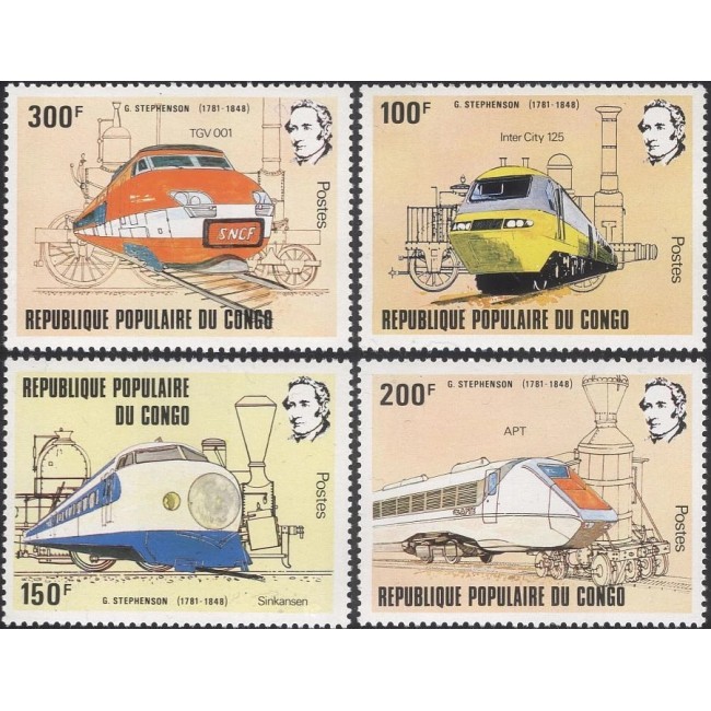 Congo 1982 - Locomotive, trenuri, G, Stephenson, serie neuzata Congo 1982 - Locomotive, trenuri, G, Stephenson, serie neuzata