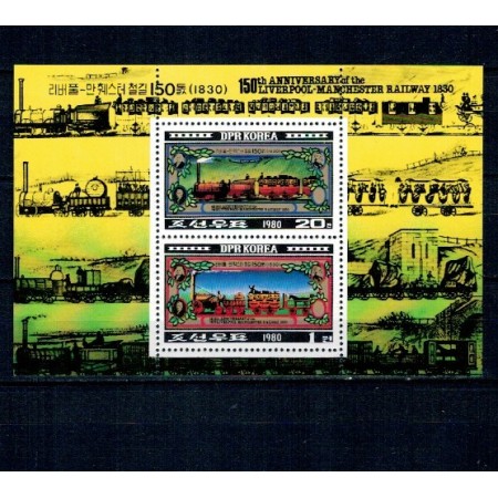 DPR Korea 1980 - Calea ferata Liverpool-Manchester, locomotiva, tren, bloc neuzat