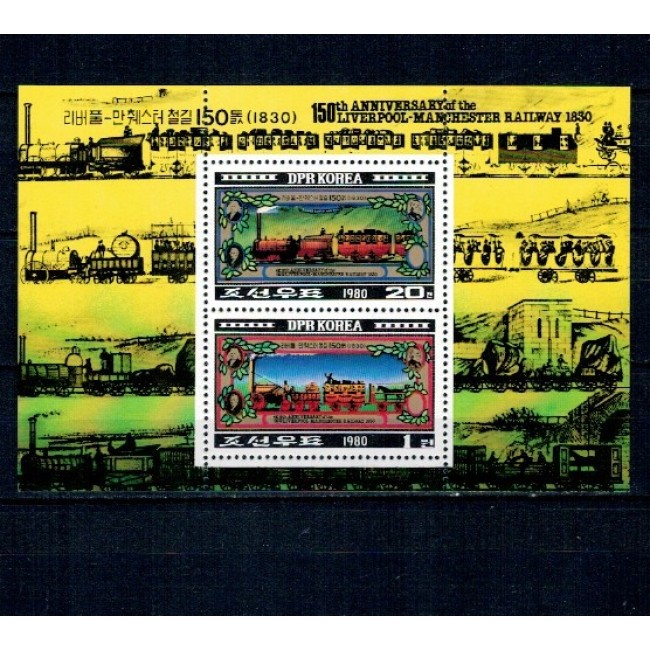 DPR Korea 1980 - Calea ferata Liverpool-Manchester, locomotiva, tren, bloc neuzat DPR Korea 1980 - Calea ferata Liverpool-Manchester, locomotiva, tren, bloc neuzat